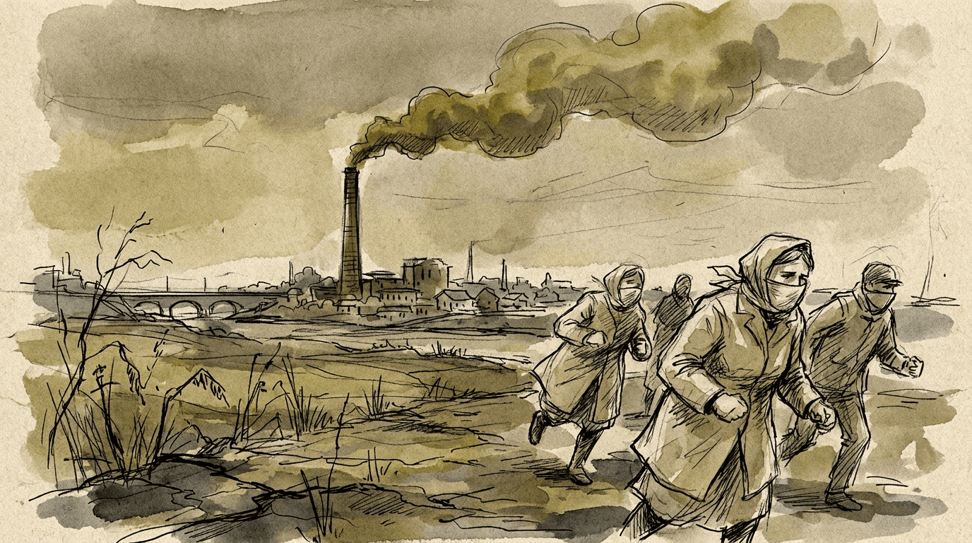Illustrazione in stile acquarello e inchiostro raffigurante una fabbrica chimica che emette una nube tossica scura su una città del nord Italia, con abitanti in fuga in primo piano e vegetazione contaminata, in riferimento al disastro industriale di Seveso del 10 luglio 1976.