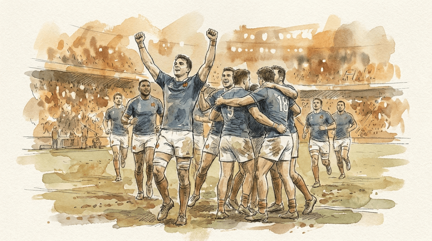 Illustrazione in stile schizzo giornalistico: giocatori del XV de France in maglia blu festeggiano una meta e affrontano i Wallabies australiani durante il Campionato delle Nazioni a Brisbane, 11 luglio 2026.