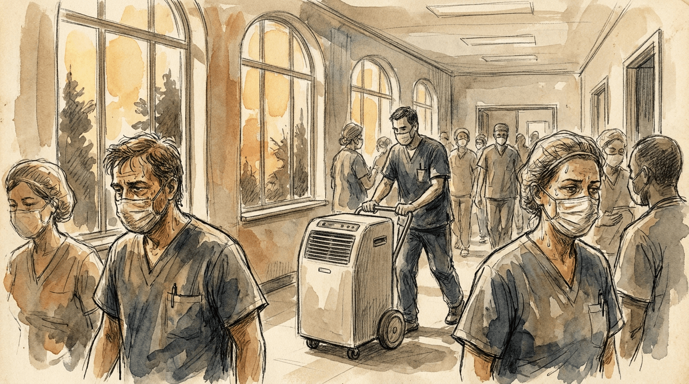Illustrazione giornalistica di un corridoio ospedaliero francese durante l'ondata di caldo del luglio 2026, un tecnico spinge un condizionatore mobile davanti al personale sanitario esausto.