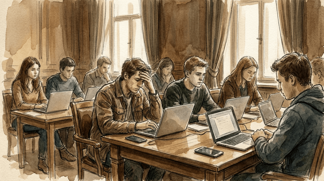Illustrazione giornalistica raffigurante giovani candidati ansiosi che consultano telefoni e laptop in attesa di una proposta di ammissione sulla piattaforma Parcoursup.