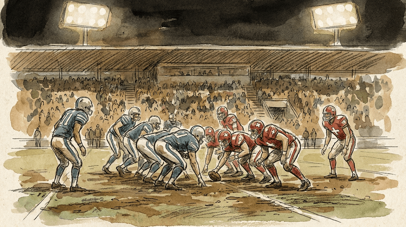 Illustration en croquis de deux équipes de football s'affrontant sous les projecteurs d'un stade américain lors des quarts de finale de la Coupe du monde 2026, opposant la Norvège à l'Angleterre et l'Argentine à la Suisse.