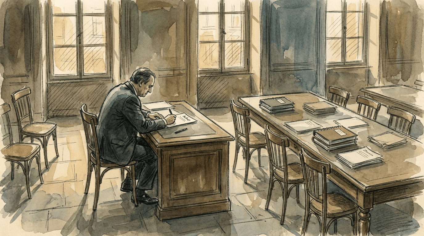 Illustration journalistique en aquarelle et crayon : un fonctionnaire français signe des documents de dissolution à son bureau, entouré de tables de coworking vides et de chaises abandonnées, symbolisant la fermeture de France Tiers-Lieux en juin 2026.