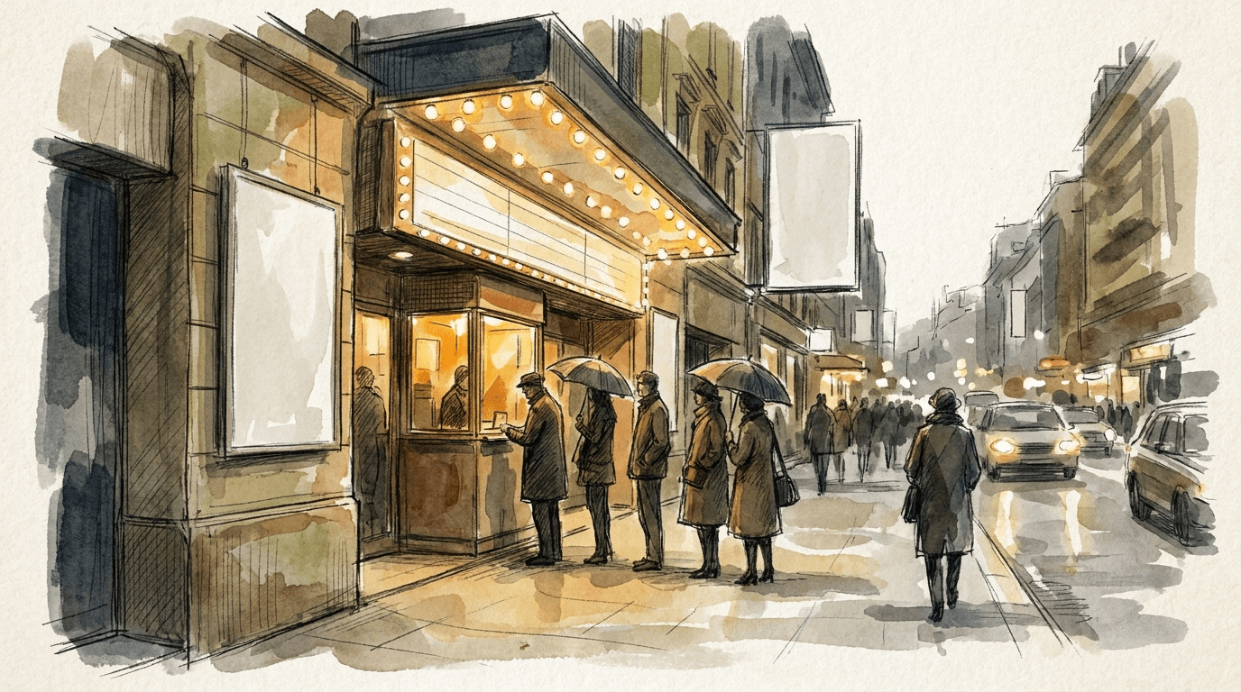 Des spectateurs font la queue devant la façade d'un cinéma français au crépuscule, sous les lumières du fronton, à l'occasion des nouvelles sorties en salles du 8 juillet 2026.