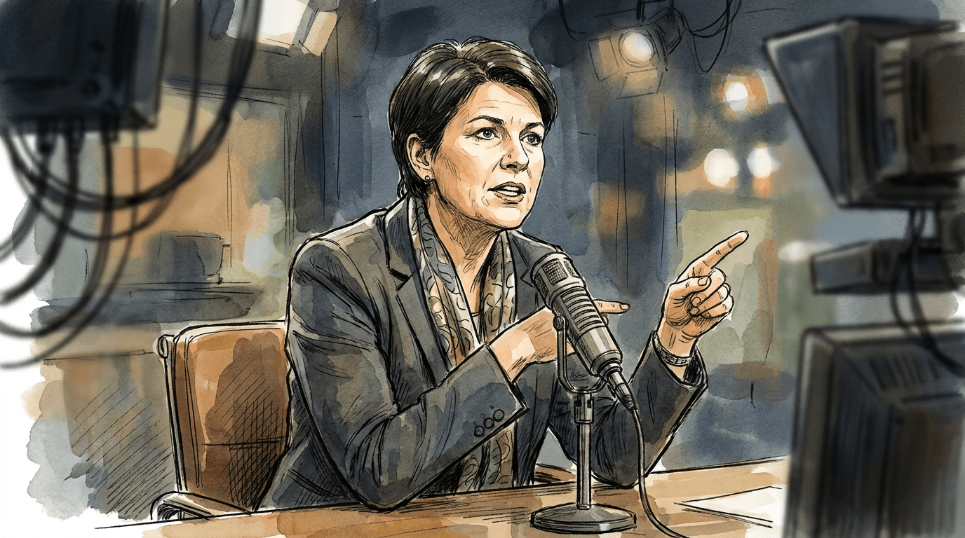 Illustration journalistique style aquarelle et encre représentant une femme politique aux cheveux courts sombres assise à un bureau de studio télévisé, s'adressant à un microphone avec un geste de la main affirmatif lors d'une annonce publique.