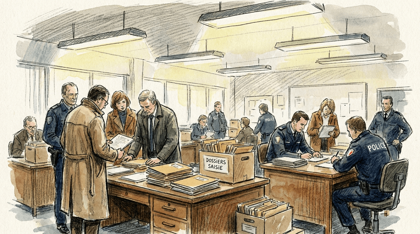 Illustration style croquis journalistique : enquêteurs saisissant des documents dans les bureaux d'une institution publique française lors d'une perquisition judiciaire pour soupçons de corruption et de favoritisme