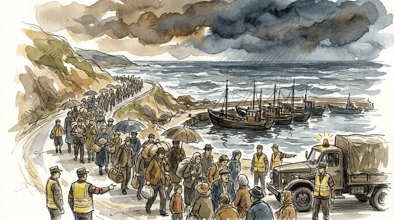 Illustrazione giornalistica di un'evacuazione di massa lungo una strada costiera della Cina orientale, sotto nuvole di tifone minacciose, all'avvicinarsi del tifone Bavi l'11 luglio 2026.