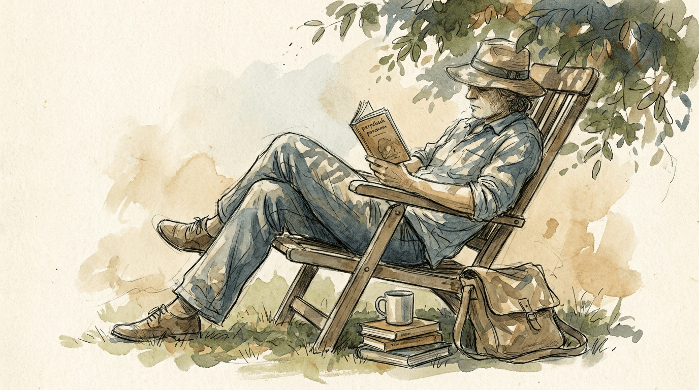 Illustrazione ad acquerello di una persona che legge un romanzo su una sedia da giardino in estate, con una pila di libri posata a terra accanto a lei.