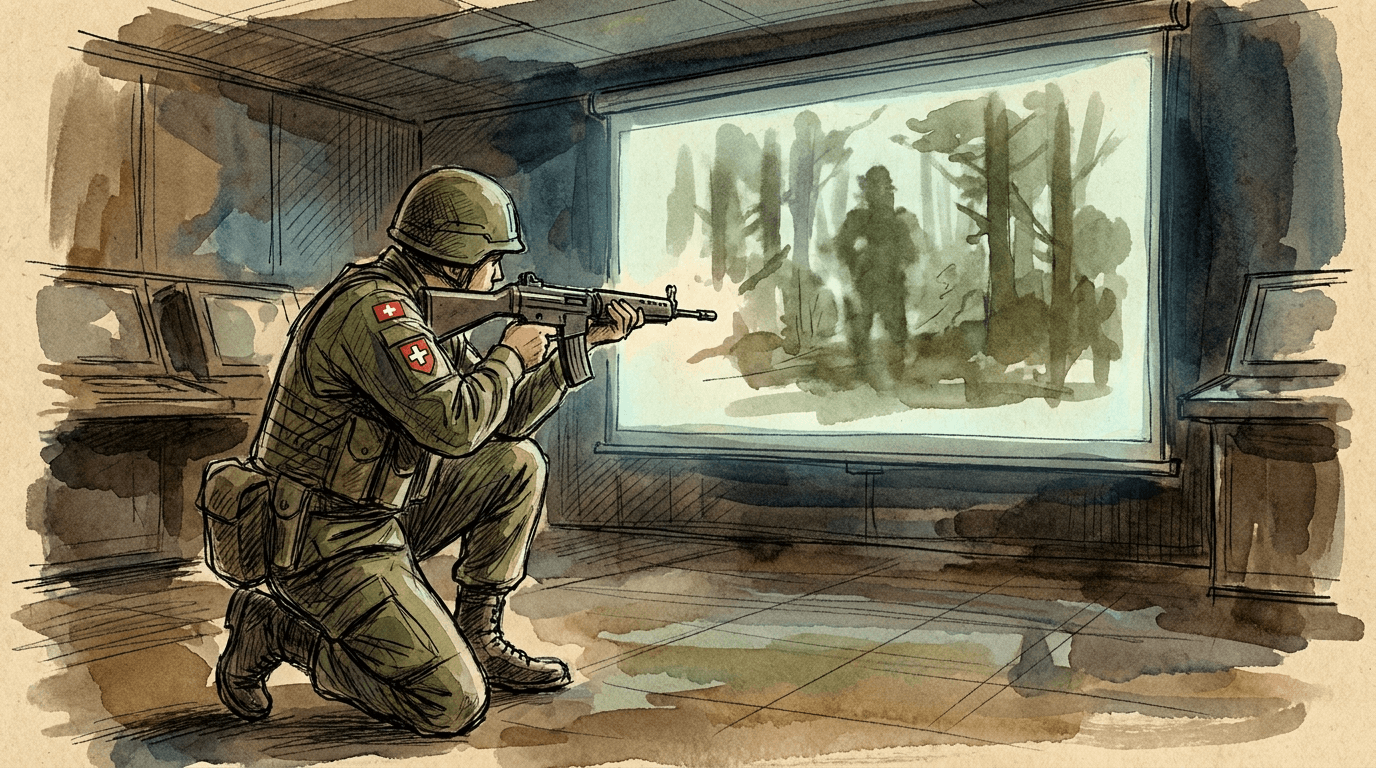 Ein Schweizer Armeeangehöriger zielt mit einem Gewehr auf eine Projektionsleinwand mit simulierten Schießzielen in einer Innenanlage eines militärischen Schießsimulators, im Rahmen der Erprobung von Schießkinos zur Lärmreduzierung.