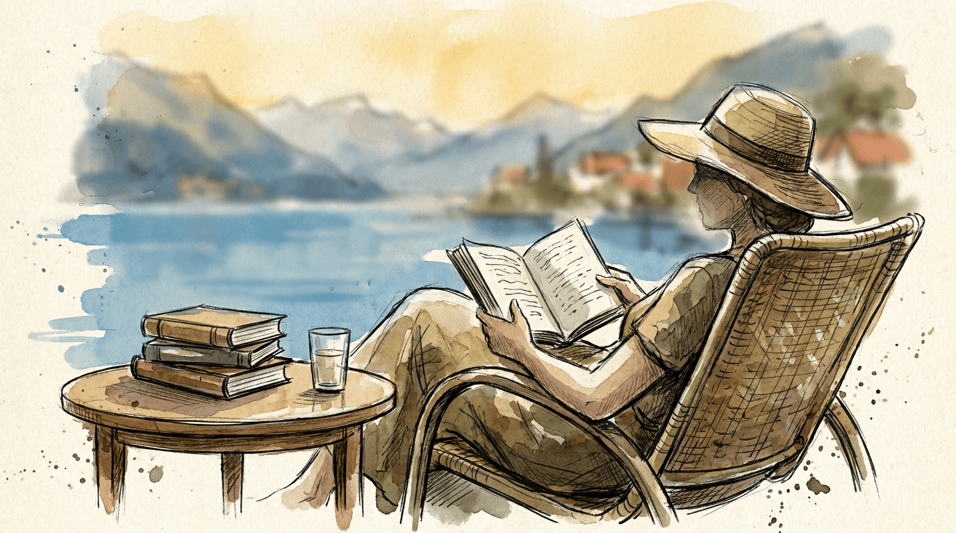 Illustrazione ad acquerello e inchiostro di una persona che legge un romanzo su una terrazza estiva, con una pila di libri su un tavolo da giardino e un lago svizzero sullo sfondo