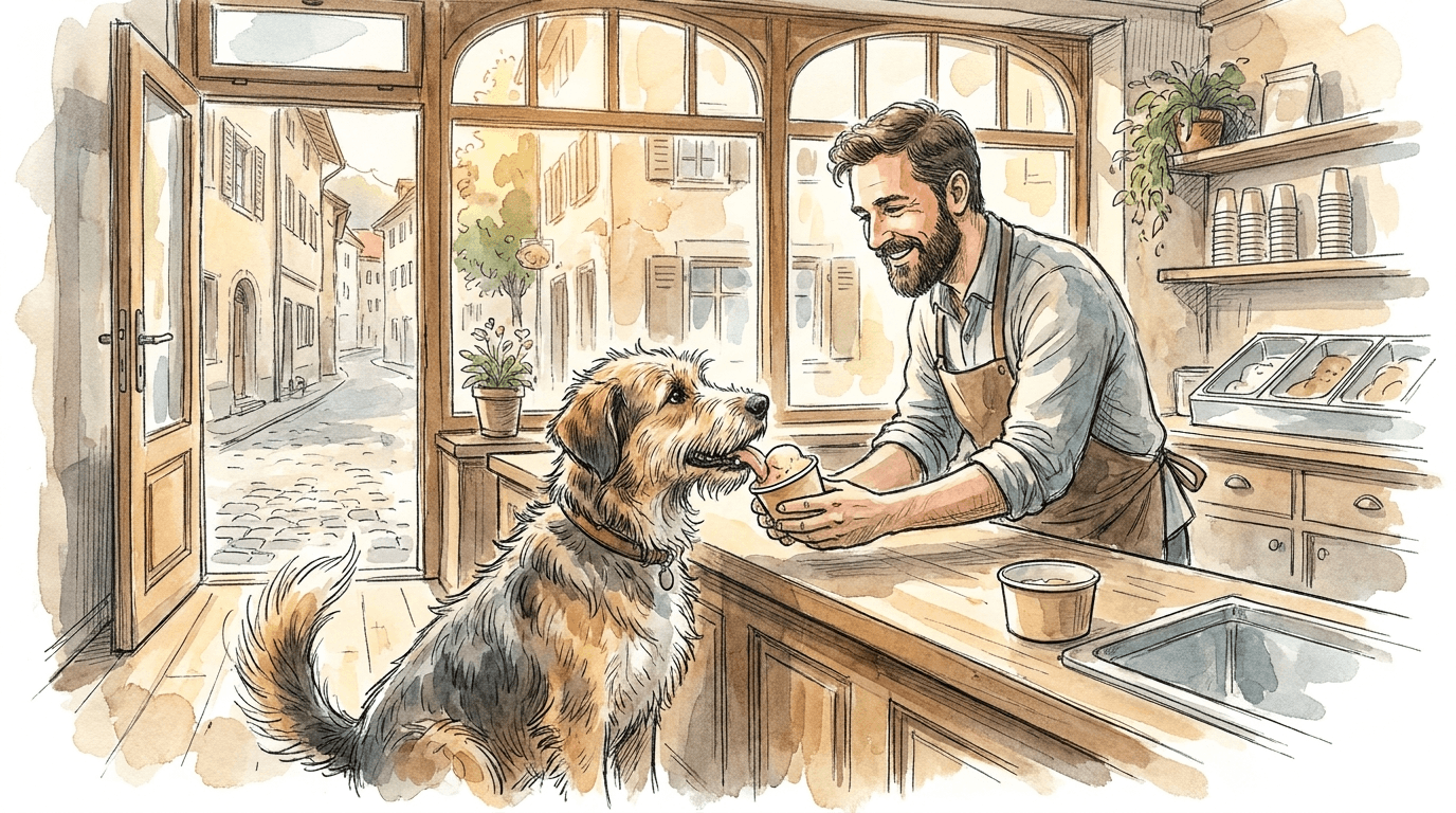 Un cane riceve un gelato artigianale senza lattosio né zucchero raffinato nella gelateria Maxsimo di Guin, in Svizzera.