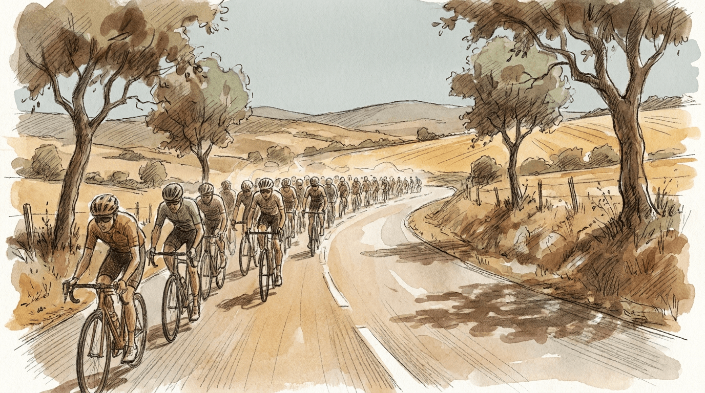 Il gruppo della Tour de France 2026 percorre una strada della Corrèze sotto un calore opprimente, con gli spettatori che cercano ombra ai lati della strada durante la 9ª tappa accorciata a causa dell'ondata di calore.