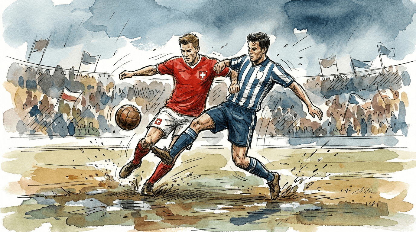 Journalistische Illustration zweier Fußballspieler im Zweikampf auf dem Rasen, einer im roten Schweizer Trikot, der andere im blau-weiß gestreiften argentinischen Trikot, beim Viertelfinale Schweiz gegen Argentinien der Fußball-WM 2026.