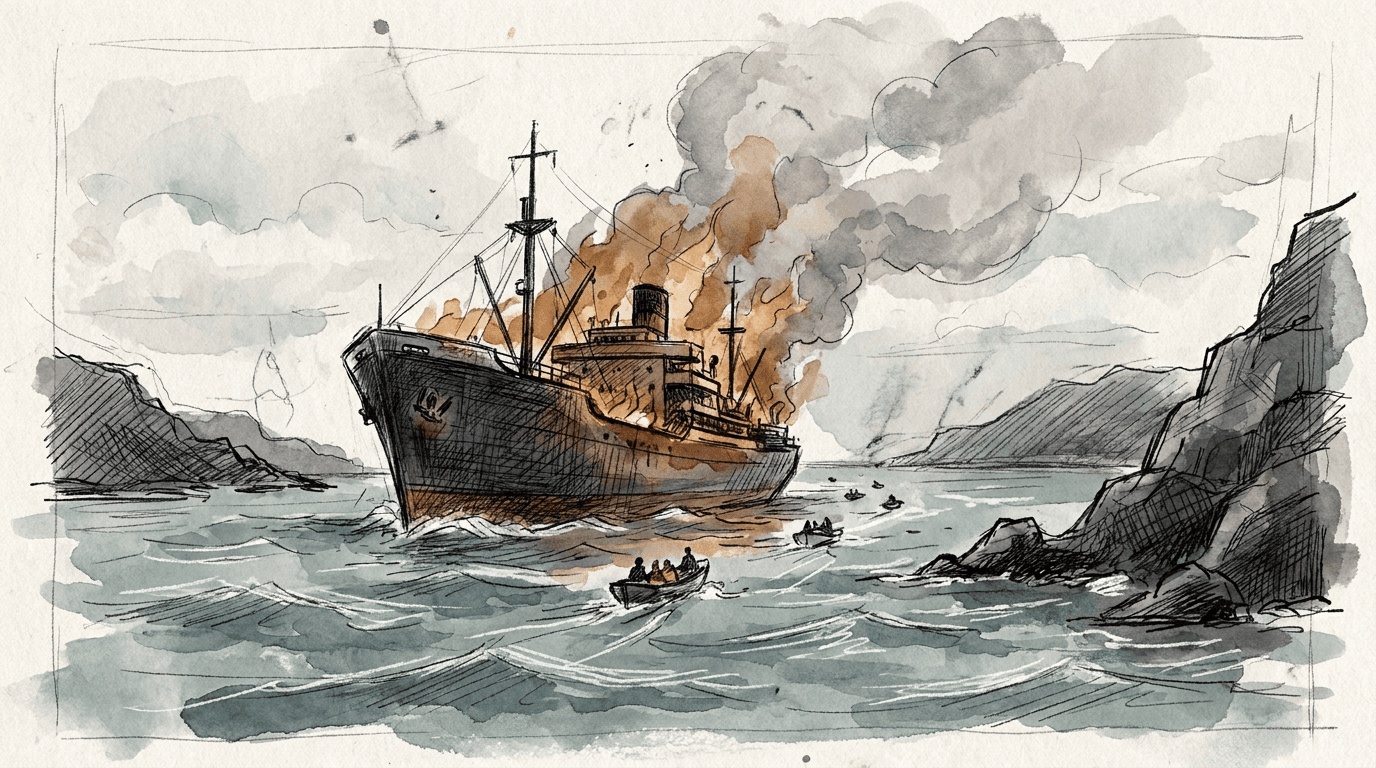 Illustrazione in stile schizzo giornalistico: una nave mercantile in fiamme abbandonata dal proprio equipaggio nello stretto di Hormuz, avvolta dal fumo nero, con profili costieri rocciosi su entrambi i lati del passaggio strategico.