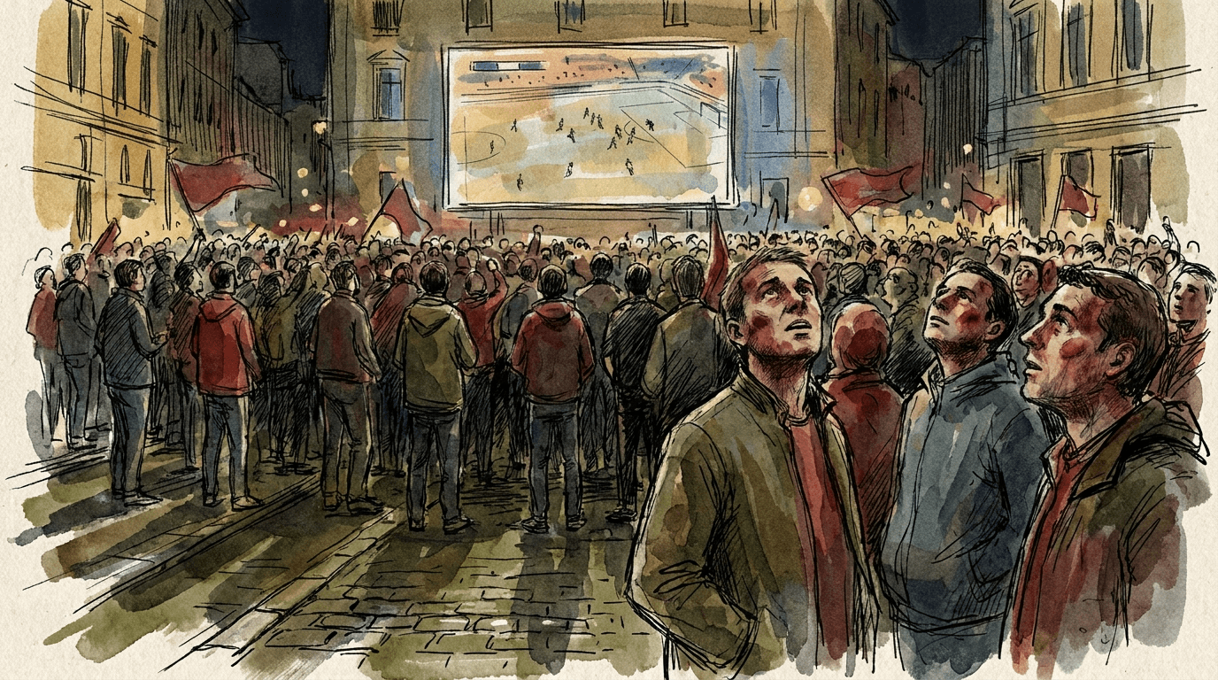 Tausende Schweizer Fussballfans auf dem Plainpalais in Genf in der Nacht vom 11. auf den 12. Juli 2026, rote Fahnen mit weissem Kreuz schwingend, beim Public Viewing des WM-Spiels Schweiz gegen Argentinien.