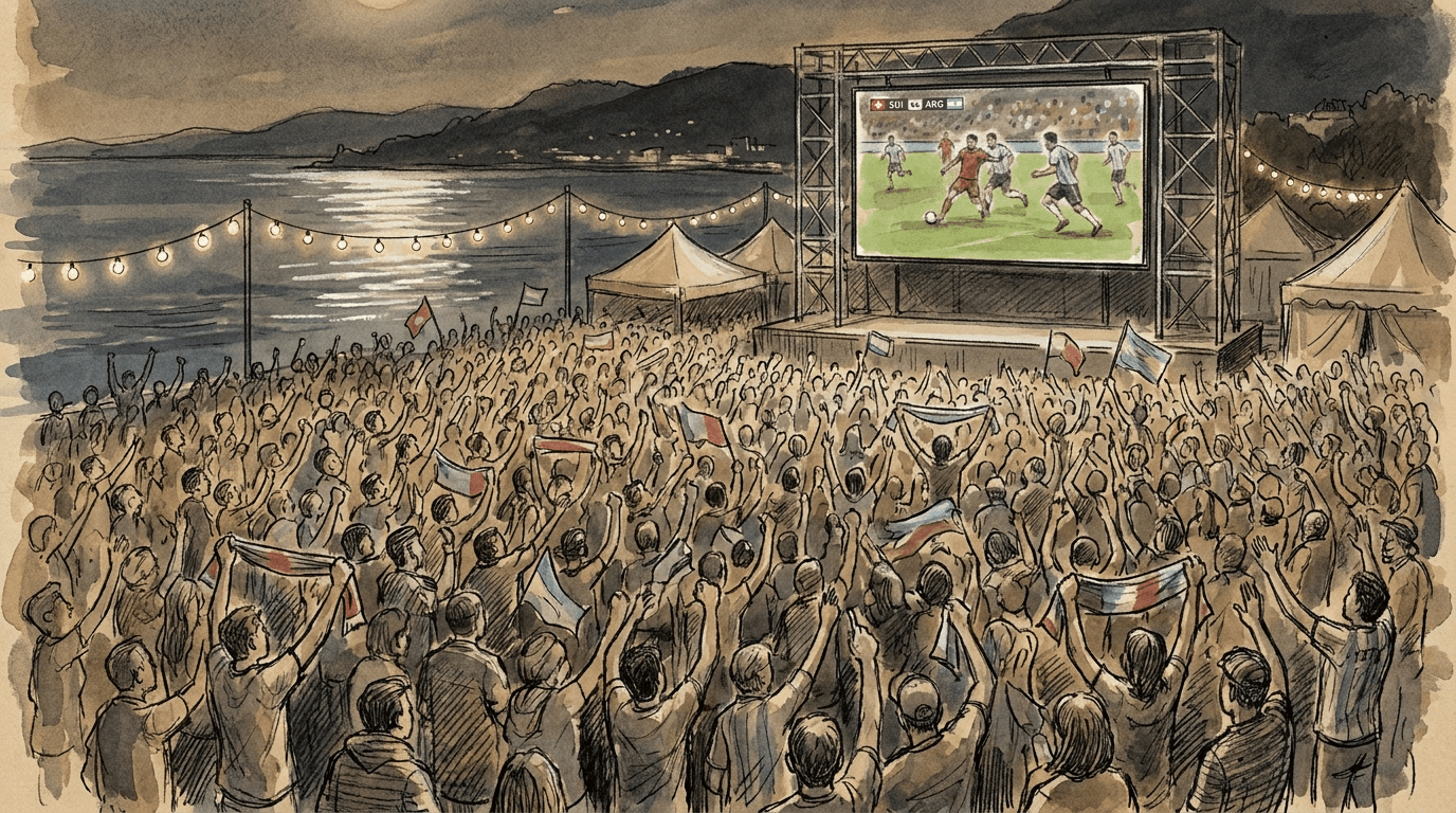 Über tausend Schweizer Fussballfans versammeln sich in der Nacht vom 11. auf den 12. Juli 2026 in der Fan-Zone am Nyon-Ufer, rote Fahnen mit weissem Kreuz schwingend, um das Viertelfinalspiel der Nati gegen Argentinien zu verfolgen.