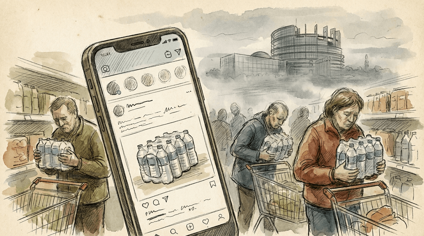 Illustration verwirrter Kunden in einem Supermarktgang, die Wasserpackungen halten, im Vordergrund ein Smartphone-Bildschirm mit einem Social-Media-Post, im Hintergrund die verschwommene Silhouette des Europäischen Parlaments.