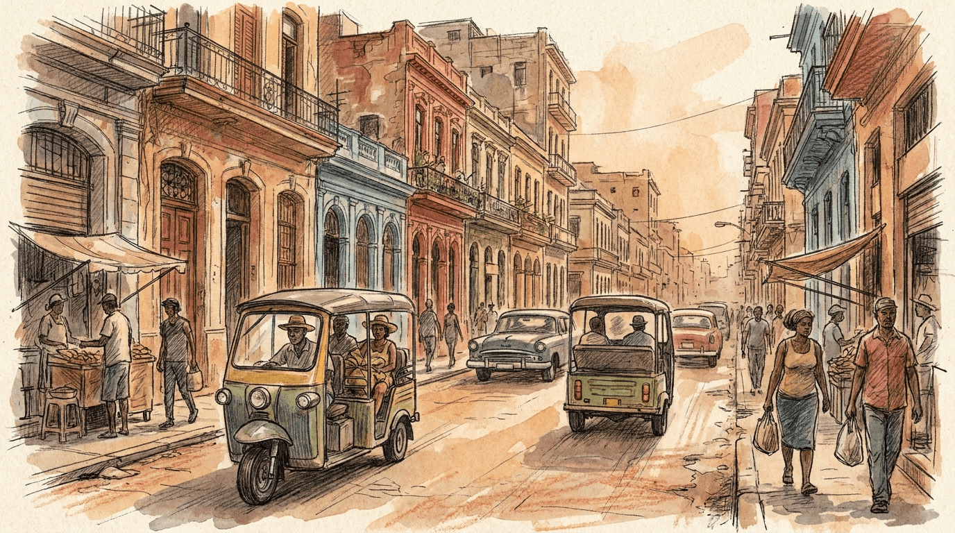 Tuk-tuk elettrici cinesi su un boulevard coloniale dell'Avana: passanti e venditori fiancheggiano una strada con facciate colorate e fatiscenti, mentre i tricicli sostituiscono le auto americane degli anni '50 scomparse dalle strade cubane.