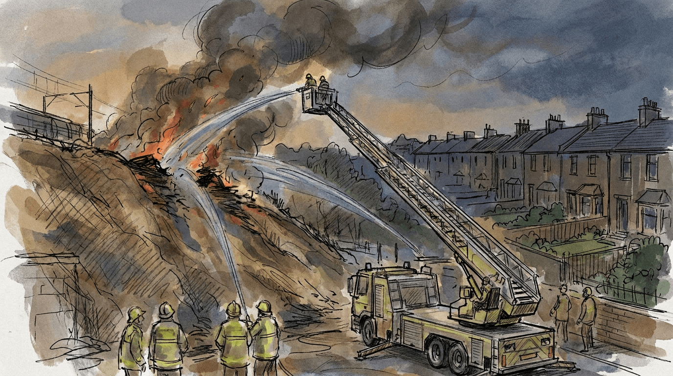 Illustration von Feuerwehrleuten beim Bekämpfen eines Brands an einem Bahndamm in Walthamstow, Ost-London, mit einer ausgefahrenen Drehleiter als Wasserturm und aufsteigenden schwarzen Rauchsäulen am Abendhimmel.
