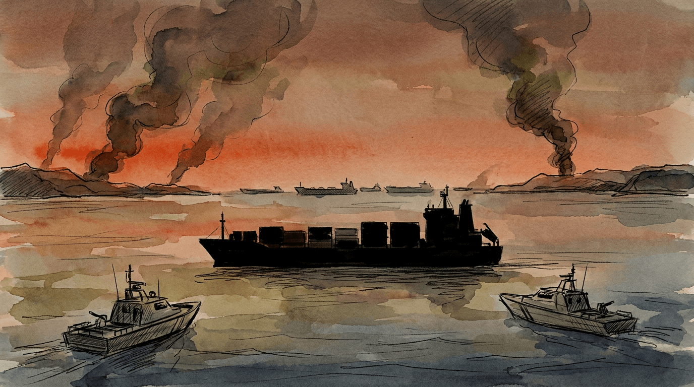 Illustrazione ad acquerello e matita di una nave portacontainer che attraversa lo stretto di Hormuz al crepuscolo, scortata da navi militari, con colonne di fumo nero all'orizzonte in seguito agli scambi di attacchi tra Stati Uniti e Iran.