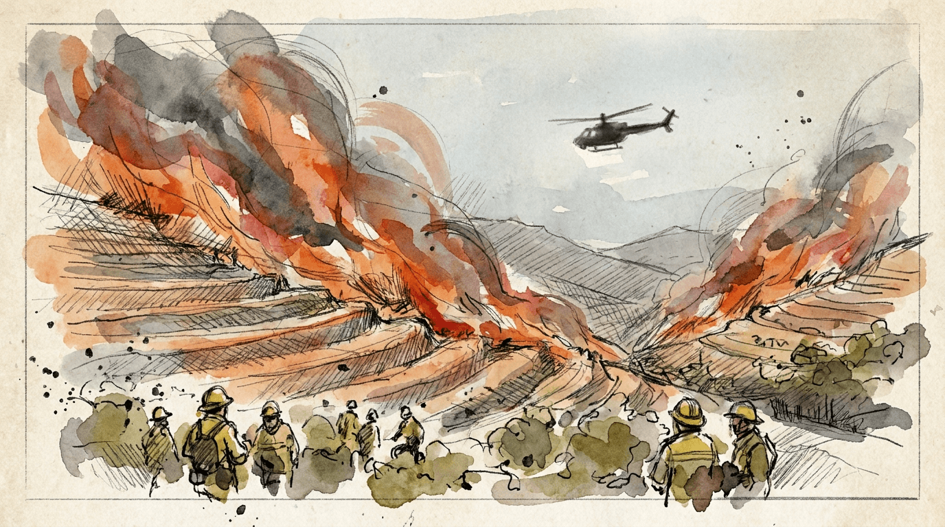 Aquarell- und Tintenillustration des Waldbrands in der Provinz Almería: orangefarbene Flammen, dichter schwarzer Rauch und ein Rettungshubschrauber vor einem fahlen Himmel.