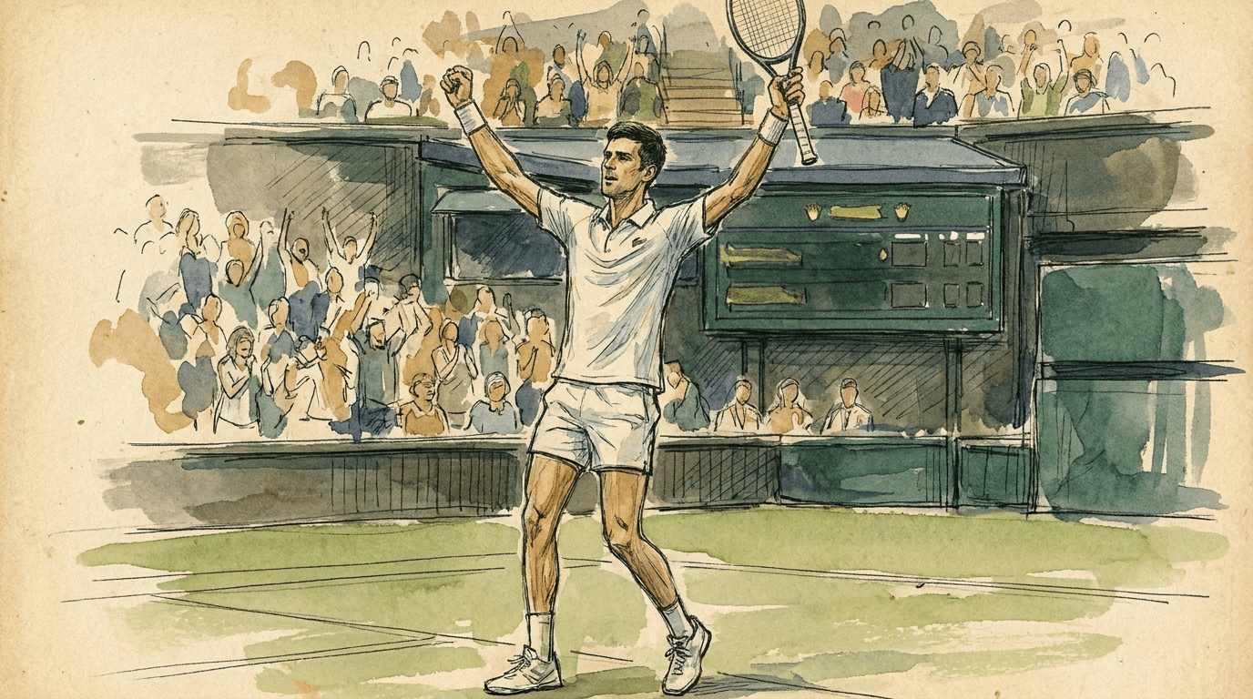 Illustrazione in stile schizzo giornalistico: un tennista in tenuta bianca esulta con le braccia alzate e la racchetta in alto sul prato del Campo Centrale di Wimbledon, davanti agli spalti gremiti nella finale del 12 luglio 2026.