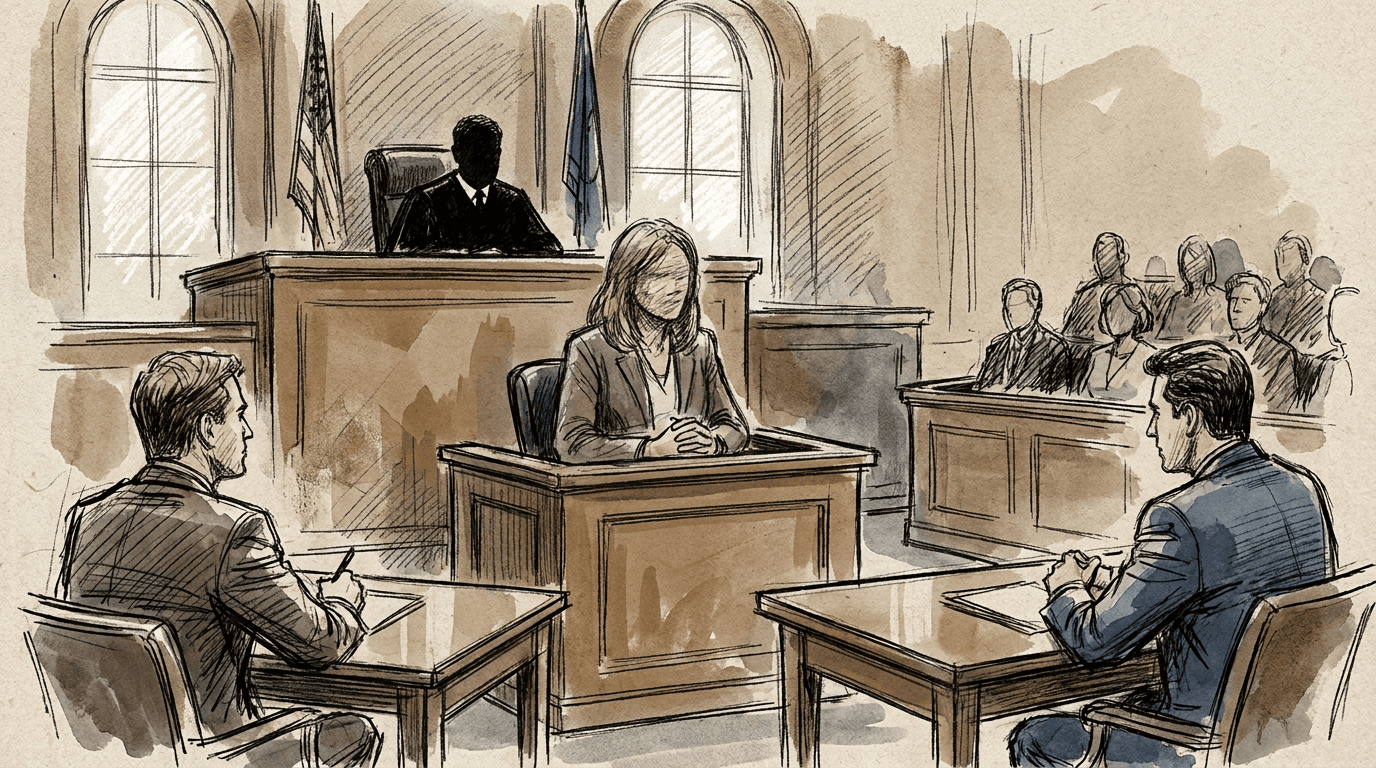 Illustration im Gerichtsskizzen-Stil: Eine Frau sagt im Zeugenstand eines australischen Gerichtssaals aus, umgeben von Richter, Geschworenen und Anwälten, bei einem Prozess wegen sexuellen Missbrauchs am Newcastle District Court.