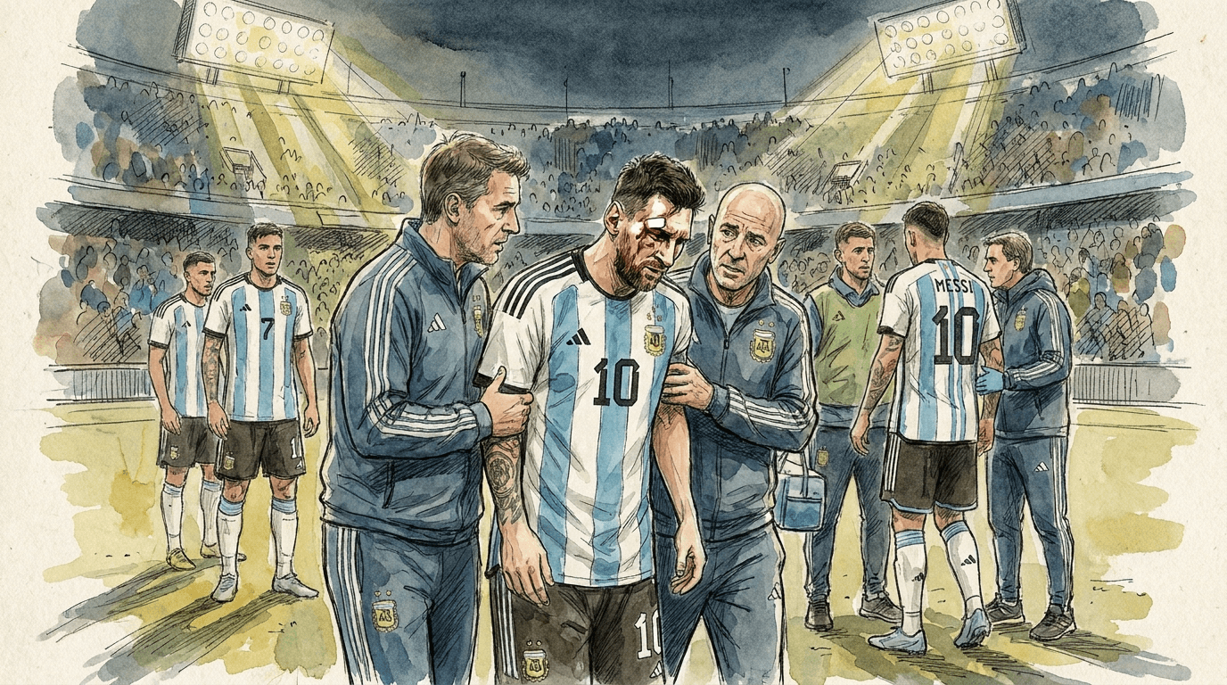Journalistische Aquarell-und-Tinte-Illustration: Ein erfahrener Fußballspieler verlässt das Spielfeld mit Blut um das rechte Auge, umgeben von Mitspielern und medizinischem Personal unter den Flutlichtern des Stadions, im Viertelfinale der WM 2026 zwischen Argentinien und der Schweiz.
