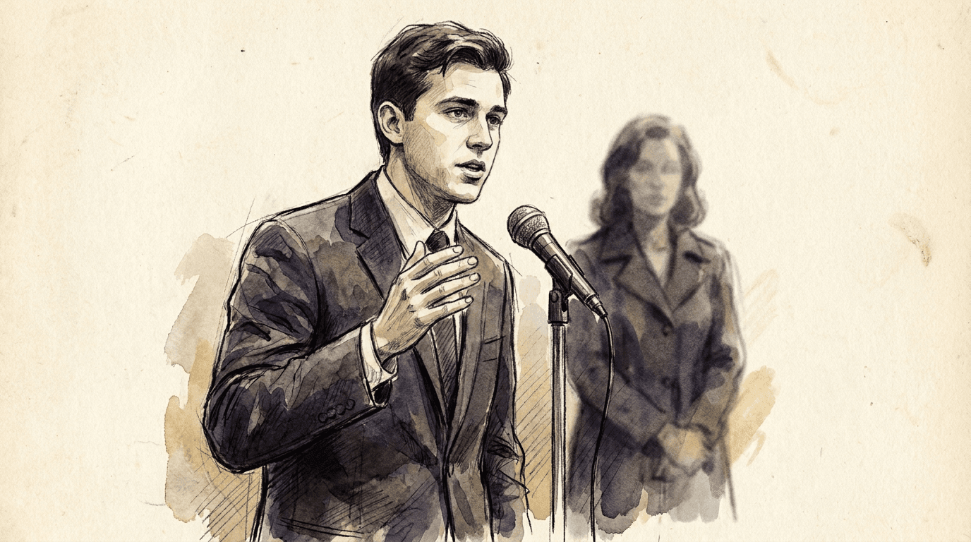 Illustrazione giornalistica ad acquerello e inchiostro di un politico in abito scuro al microfono, con una silhouette femminile sullo sfondo che evoca il duo Bardella–Le Pen in vista delle presidenziali francesi del 2027.