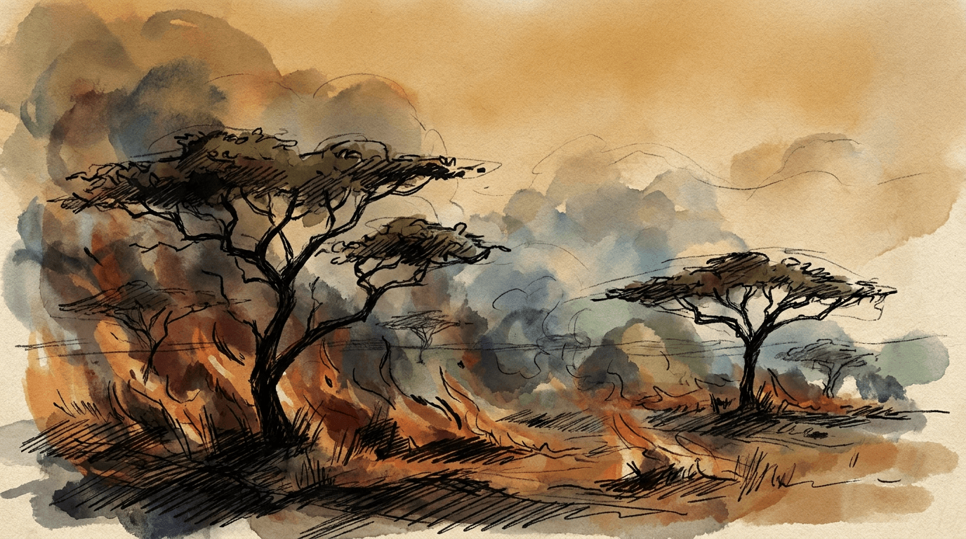 Aquarell- und Tuscheillustration eines Waldbrandes im trockenen Buschland Botswanas, mit mächtigen Flammen und schwarzen Rauchwolken, die sich vor einem dunstigen Abendhimmel über den Horizont erheben.