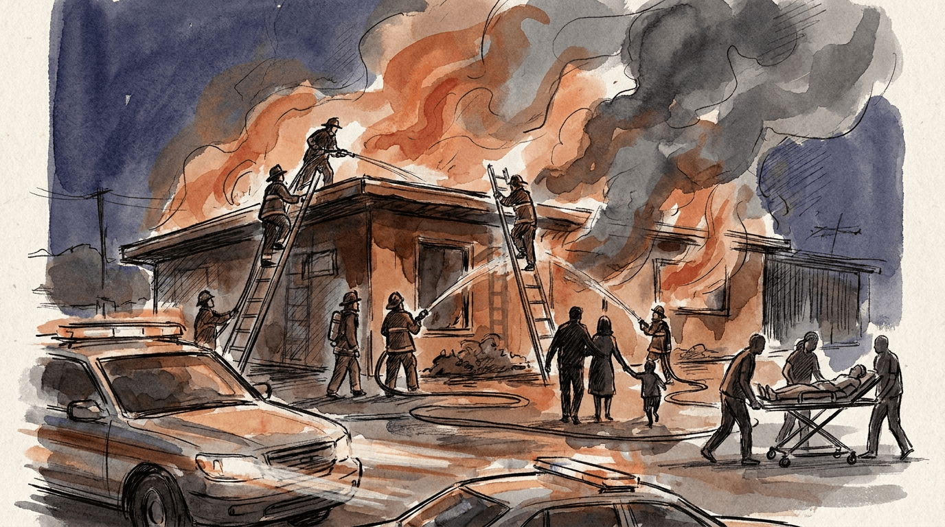 Presseillustrierung in Aquarell und Tinte: Feuerwehrleute bekämpfen einen nächtlichen Brand in einem Nachtklub am Stadtrand von Bangkok; Silhouetten evakuierter Personen unter dichtem schwarzen Rauch.