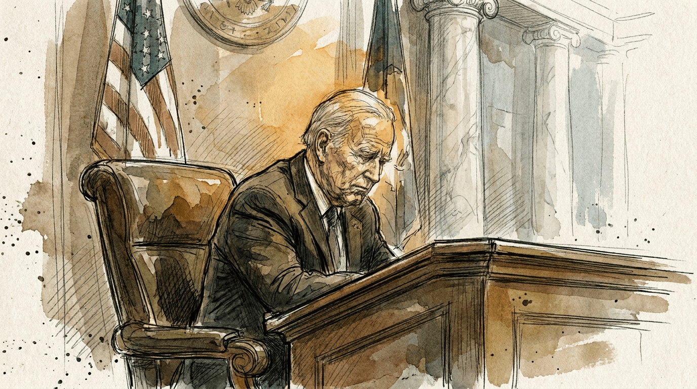 Illustrazione ad acquerello e inchiostro in stile croquis giornalistico: un anziano senatore americano seduto da solo alla sua scrivania nell'aula del Senato, testa leggermente chinata, bandiere americane sullo sfondo, colonne di marmo appena abbozzate; e una figura solitaria in cappotto scuro che scende la scaletta di un aereo sul piazzale di Kyiv sotto un cielo grigio.