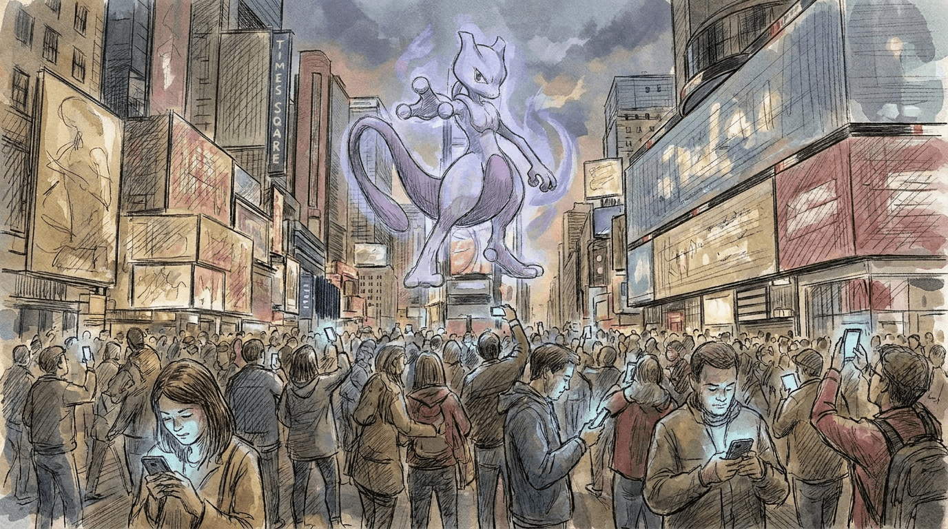 Illustration von Hunderten von Spielerinnen und Spielern, die sich am Times Square in New York versammelten und ihre Smartphones zum Himmel streckten, um ein riesiges Mewtwo zu bekämpfen – anlässlich des 10. Jahrestags von Pokémon Go.