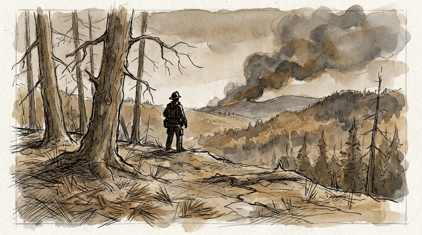 Aquarell- und Tuschezeichnung eines Feuerwehrmanns vor einem dürregeschädigten Kiefernwald, mit einer Rauchsäule über den bewaldeten Hügeln von Rheinland-Pfalz und dem Saarland.