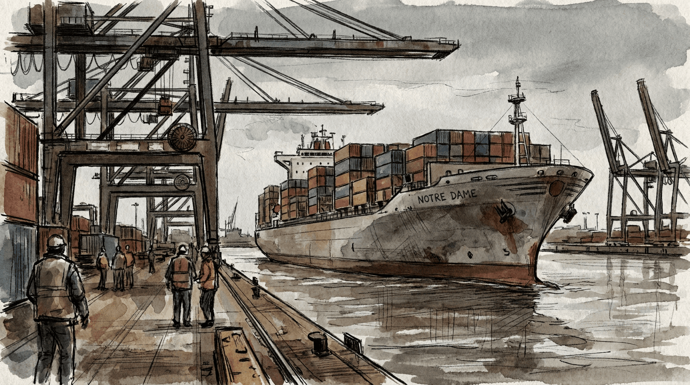 Aquarell- und Tuscheillustration des Containerschiffs «Notre Dame» von CMA CGM beim Anlegen am Eurogate-Terminal in Hamburg, mit Hafenkränen und bedecktem Himmel über der Elbe.