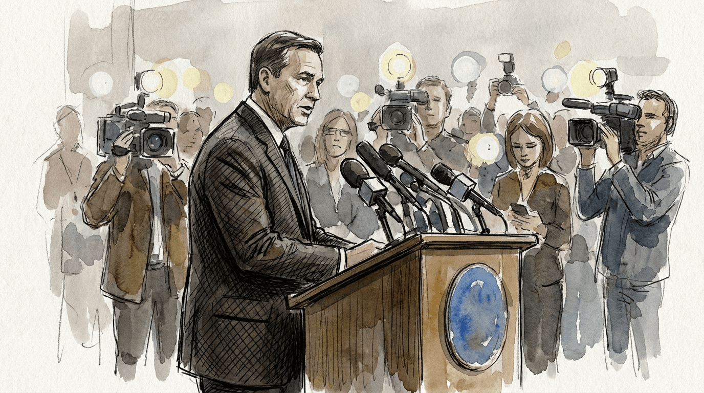 Presseillustration in Aquarell und Tusche: Ein Mann im dunklen Anzug am Rednerpult einer Pressekonferenz, Mikrofone vor ihm, Journalisten und Blitzlichter im Hintergrund.
