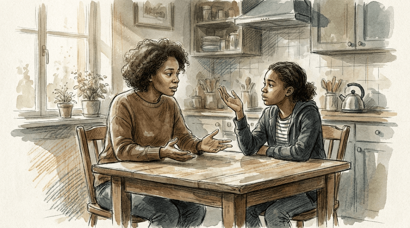 Aquarellillustration einer schwarzen Mutter und ihrer jugendlichen Tochter im vertrauten Gespräch am Küchentisch, die die Rolle von Mutter-Tochter-Dialogen bei der Identitätsfindung in der Pubertät veranschaulicht.