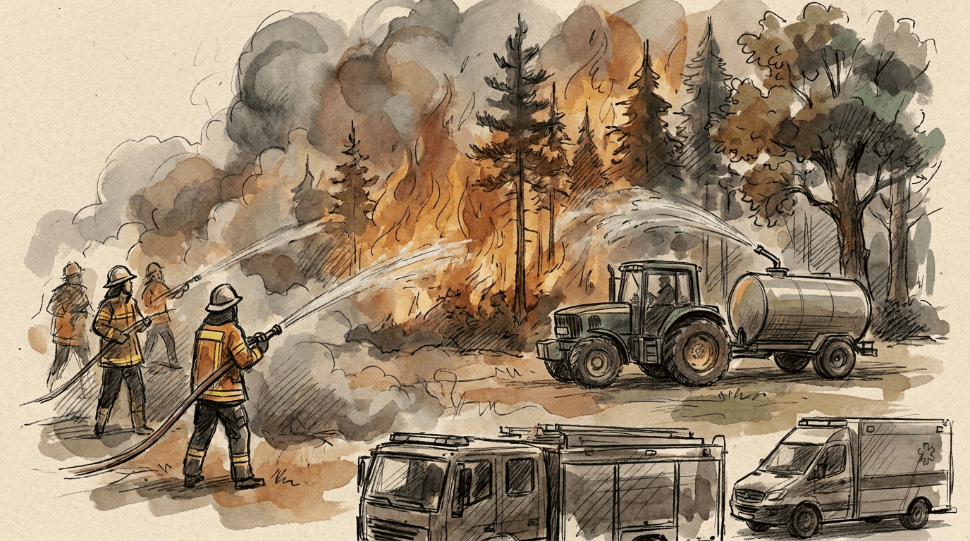 Illustrazione giornalistica in acquerello e inchiostro: vigili del fuoco e un agricoltore su trattore con cisterna combattono un incendio boschivo nella foresta di Fontainebleau tra fitte colonne di fumo grigio.