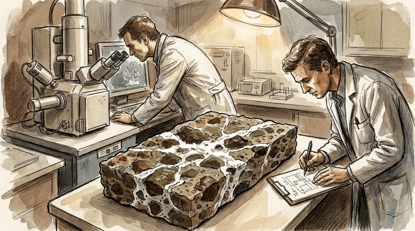 Due ricercatori in laboratorio esaminano una sezione trasversale di una lastra di calcestruzzo romano di circa 1 900 anni, con frammenti di roccia vulcanica e formazioni di calcite bianca che colmano crepe e pori.