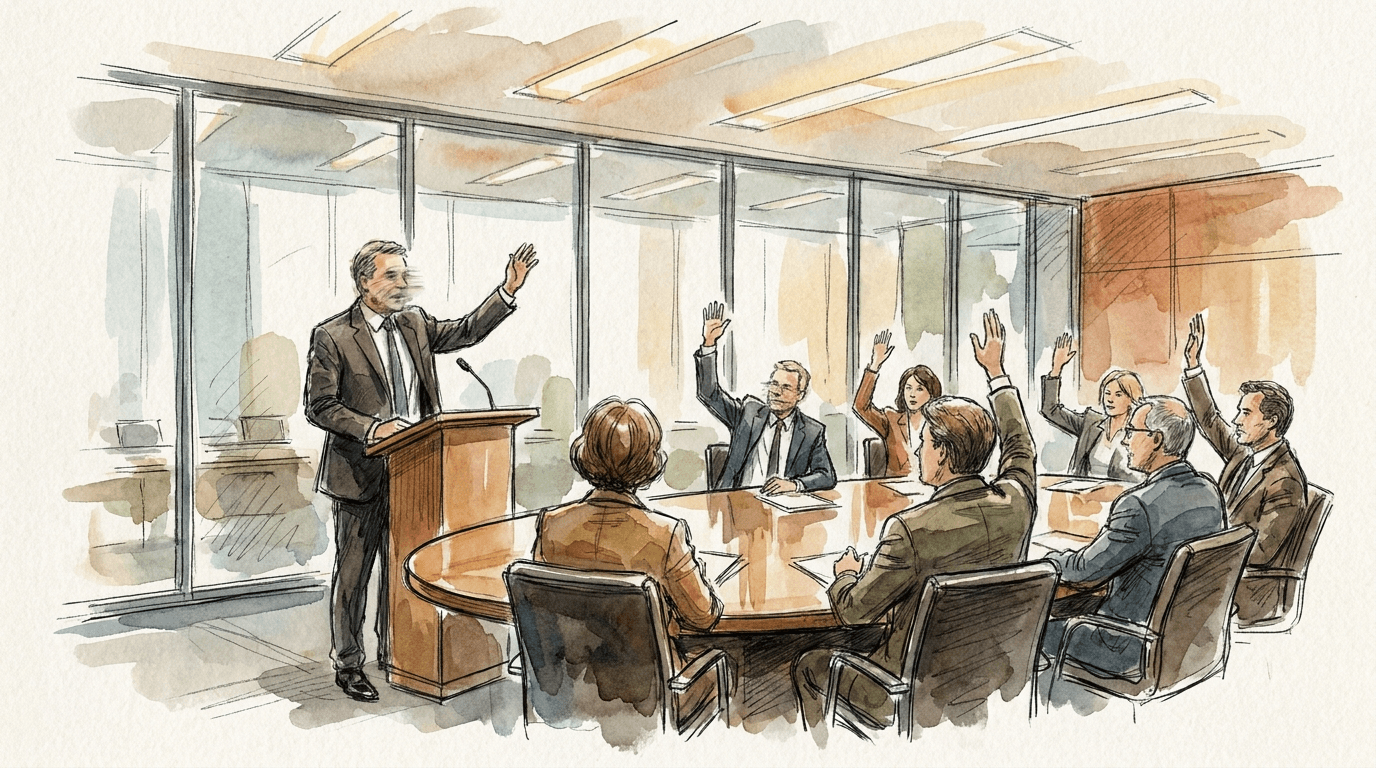 Aquarell- und Tuscheillustration einer Sitzung des CDU-Berliner Landesvorstands: ein Mann im dunklen Anzug am Rednerpult, Delegierte heben die Hand zur einstimmigen Abstimmung in einem modernen Konferenzraum