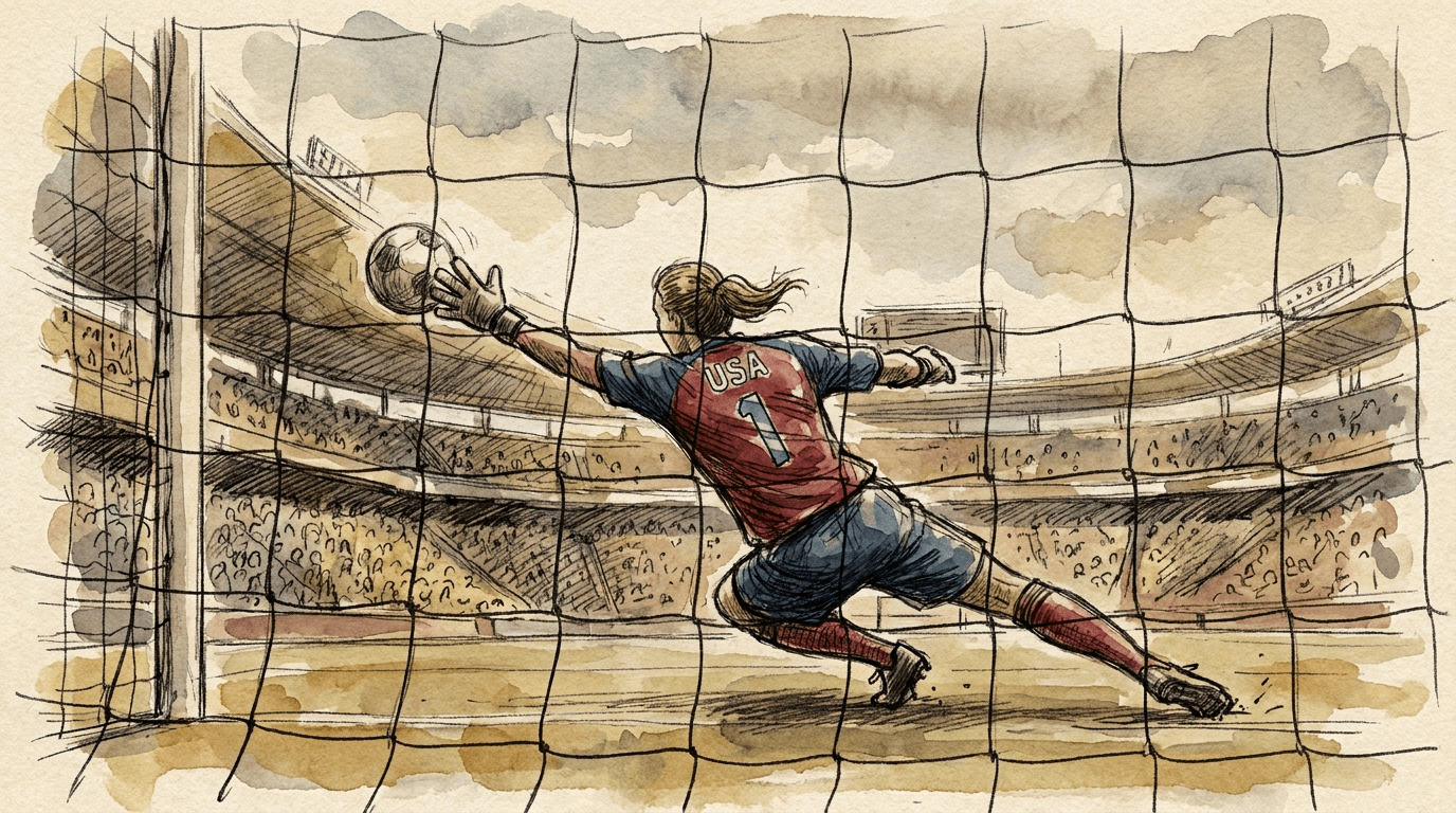 Illustrazione giornalistica ad acquerello e inchiostro di un portiere che si tuffa per effettuare una parata durante una partita di MLS in uno stadio americano