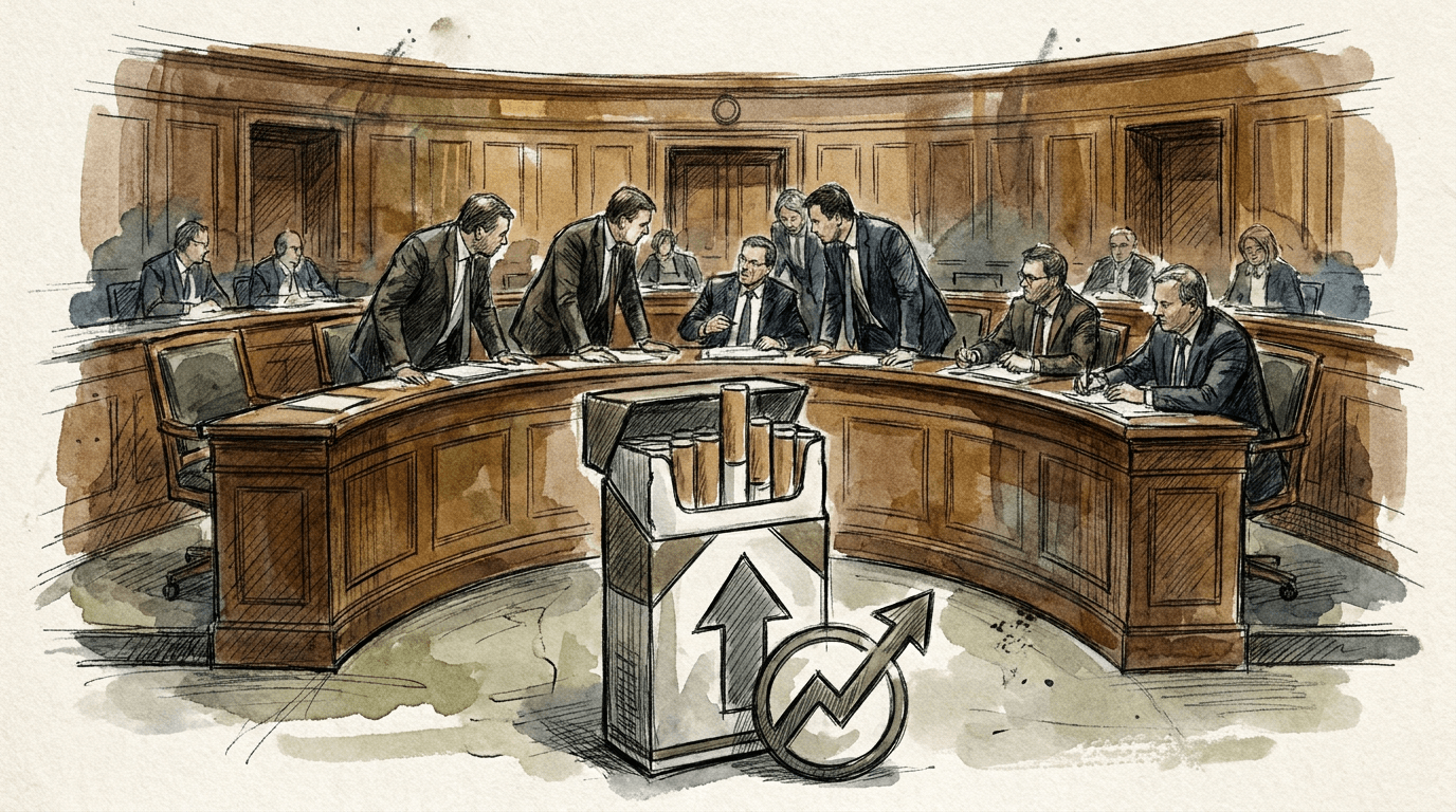 Journalistische Illustration einer deutschen Parlamentsdebatte: Abgeordnete sitzen an einem geschwungenen Pult, im Vordergrund ein Zigarettenpackung mit einem Aufwärtspfeil als Symbol für die Steuererhöhung.