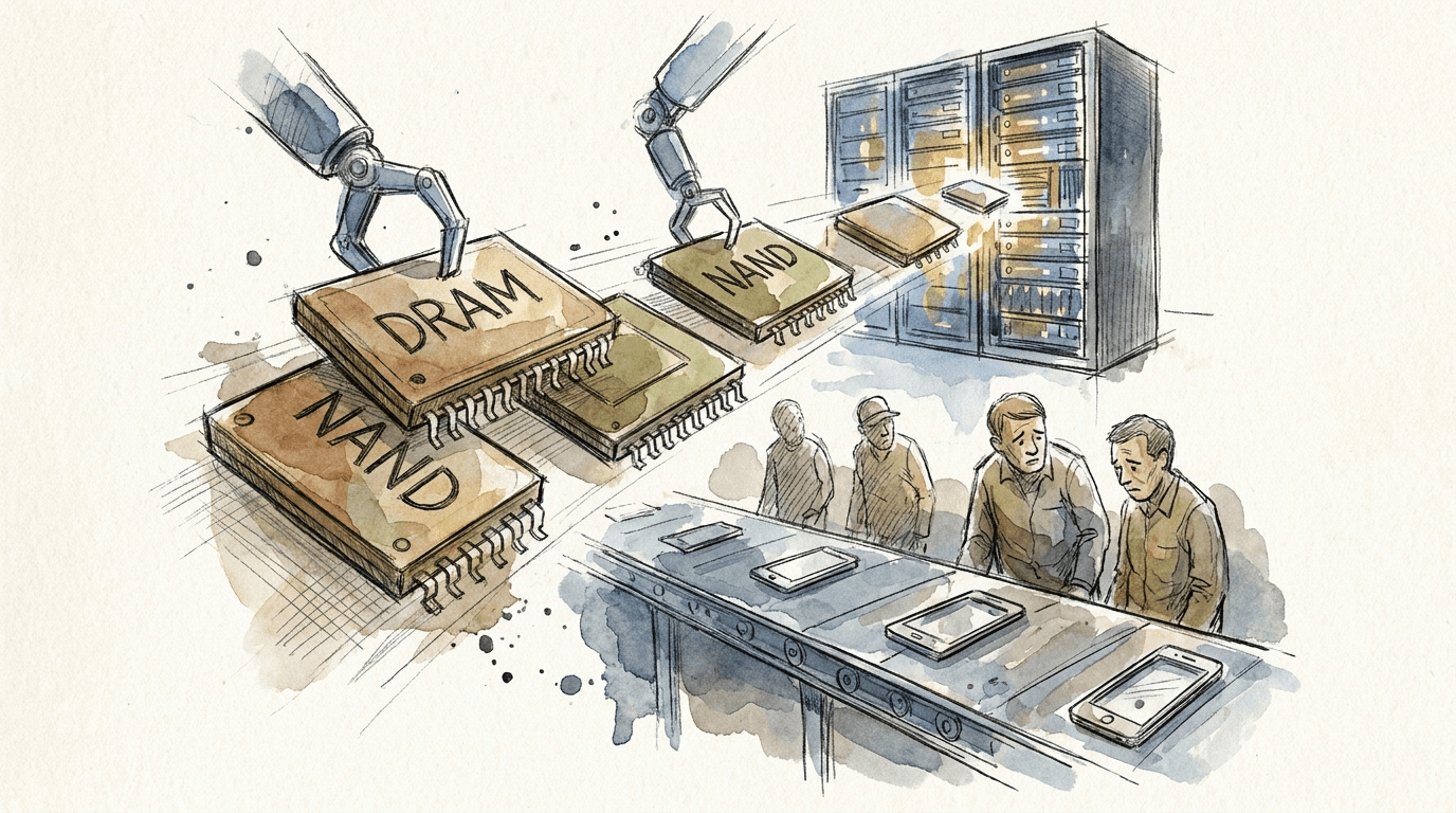 Illustration en aquarelle et encre d'une chaîne de production de smartphones ralentie, avec des puces mémoire surdimensionnées détournées vers des serveurs d'intelligence artificielle en arrière-plan.