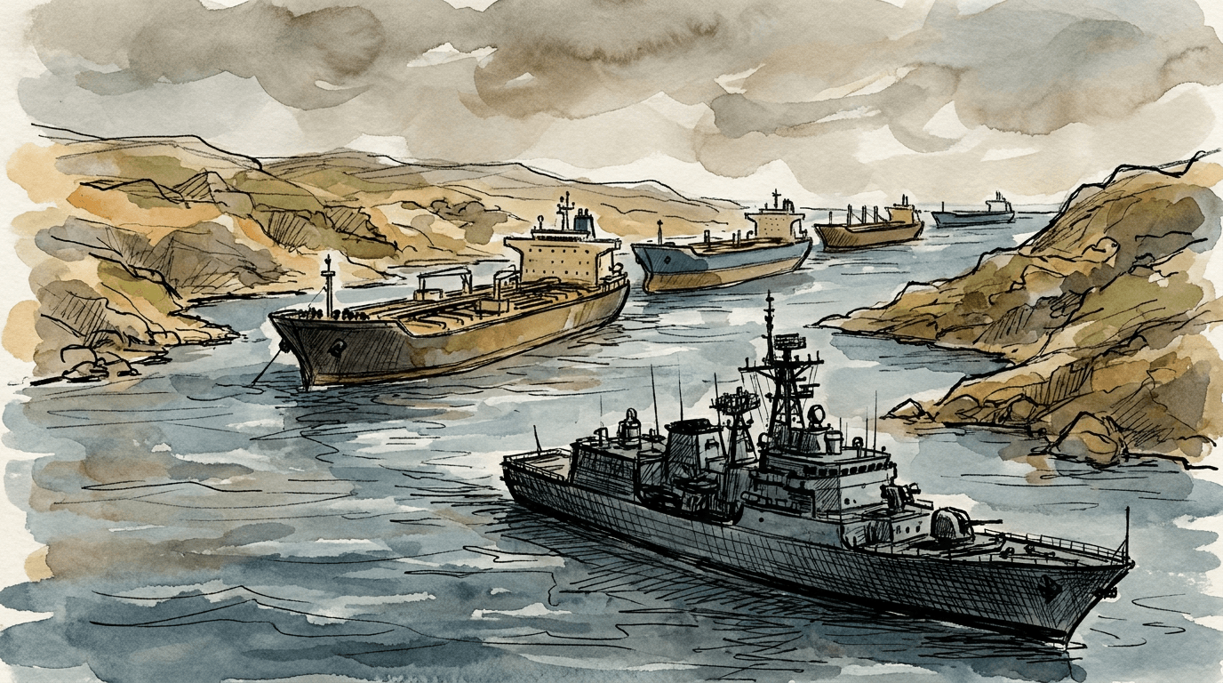 Illustration journalistique à l'aquarelle et à l'encre : pétroliers et navires marchands immobilisés dans le détroit d'Ormuz face à un bâtiment de la marine américaine, côtes arides d'Iran et d'Oman visibles sur les deux rives, evoquant le blocus maritime réinstauré par Trump le 13 juillet 2026.