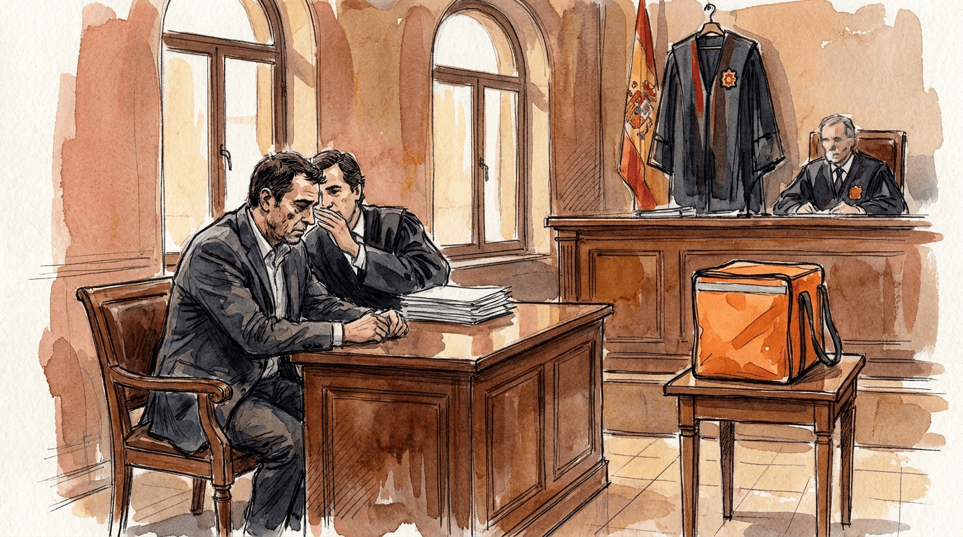 Illustrazione a matita e acquerello di un uomo in abito scuro seduto al banco della difesa in un'aula di tribunale spagnola, con l'avvocato accanto che regge dei documenti davanti al banco del giudice. Una borsa di consegna arancione è posta simbolicamente su un tavolo laterale.