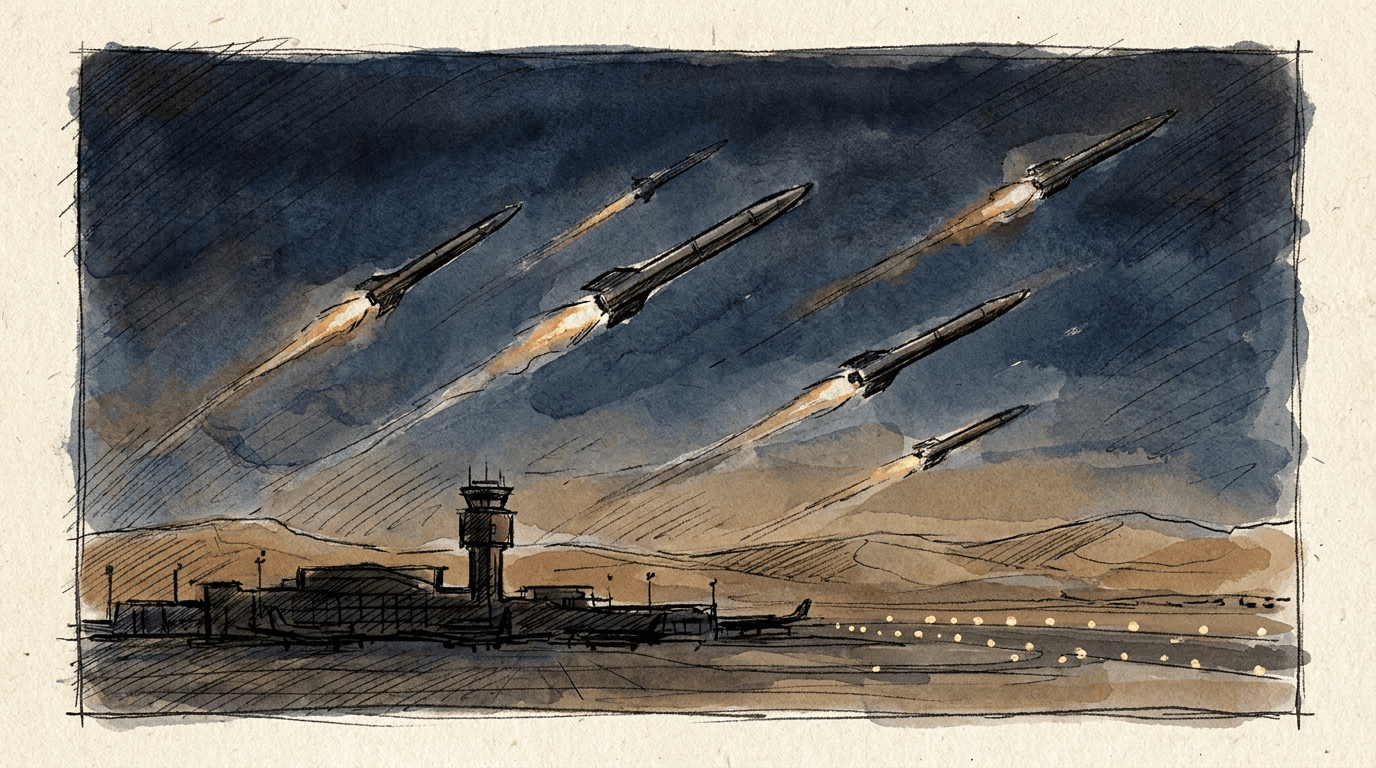 Sechs ballistische Raketen, die durch einen nächtlichen Wüstenhimmel auf die Silhouette eines Flughafens zufliegen – eine Aquarell- und Tusche-Illustration, die den Houthi-Angriff auf den Flughafen Abha in Saudi-Arabien andeutet.