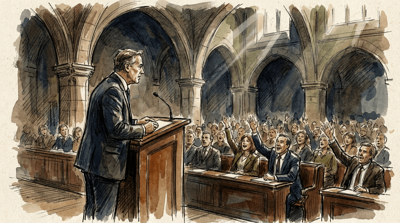 Aquarell- und Tuscheillustration: ein Politiker im dunklen Anzug am Rednerpult des britischen Unterhauses, umgeben von aufstehenden Labour-Abgeordneten als Zeichen der Unterstützung.
