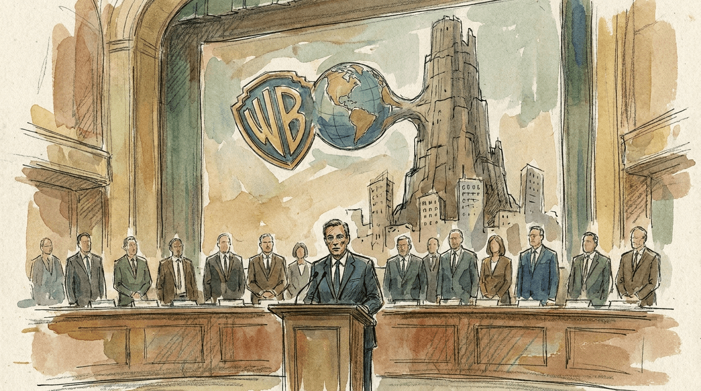 Illustrazione in stile schizzo giornalistico: un procuratore generale a un podio circondato dai rappresentanti dei dodici stati firmatari della denuncia antitrust, con in sfondo due grandi studi cinematografici che si fondono simbolicamente in un'unica torre dominante.