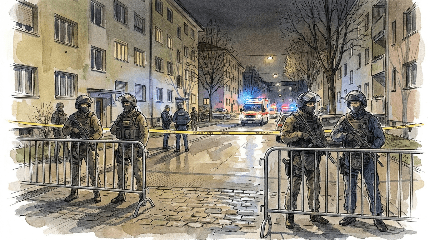 Illustrazione di stampa: agenti di polizia pesantemente armati dietro barriere in una via residenziale di Winterthur di notte, luci lampeggianti blu e rosse, ambulanza sullo sfondo e drone in volo durante il grande dispiegamento della Stadtpolizei nel quartiere di Seen.