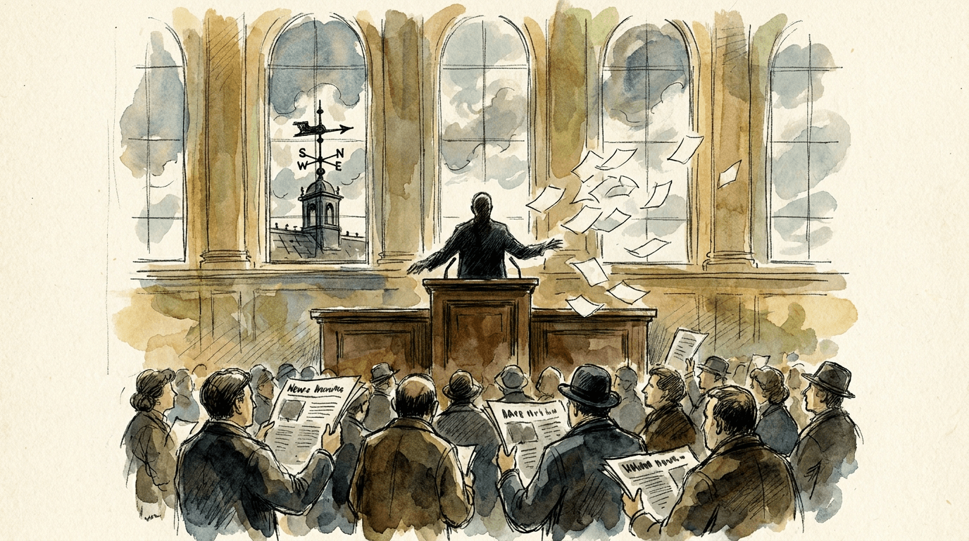 Una sagoma anonima a un podio in un'aula assembleare, fogli che volano in una corrente d'aria, una banderuola in ferro visibile attraverso le finestre ad arco, figure tra il pubblico che reggono giornali con titoli contrastanti.
